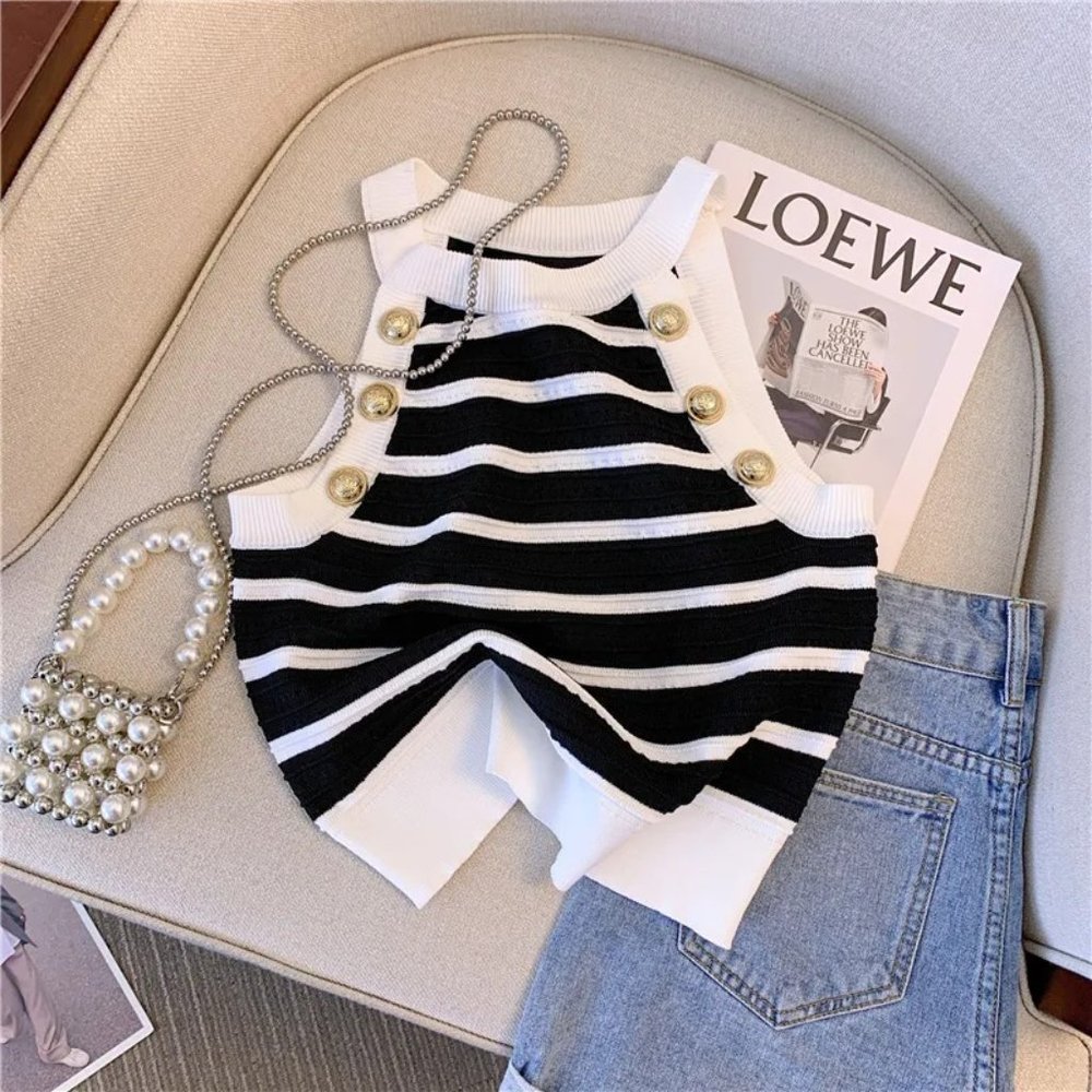 DAIMARAN Ghana Women's Tank Top Blouse Halter Slim Striped Sleeveless Black S - Picture 2 of 5